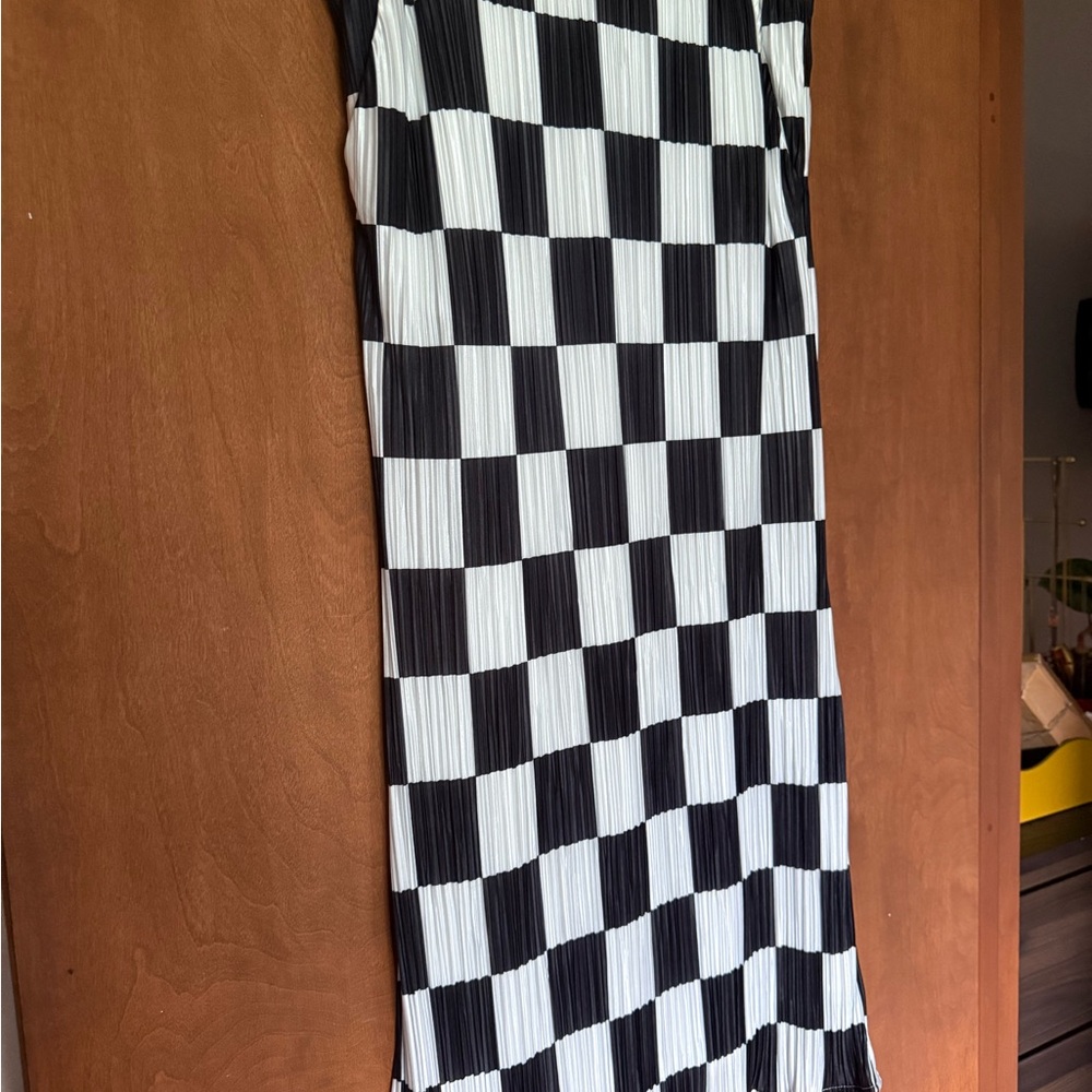 Dressed in Lala Santorini Midi Plisse Skirt in Black + White Check
